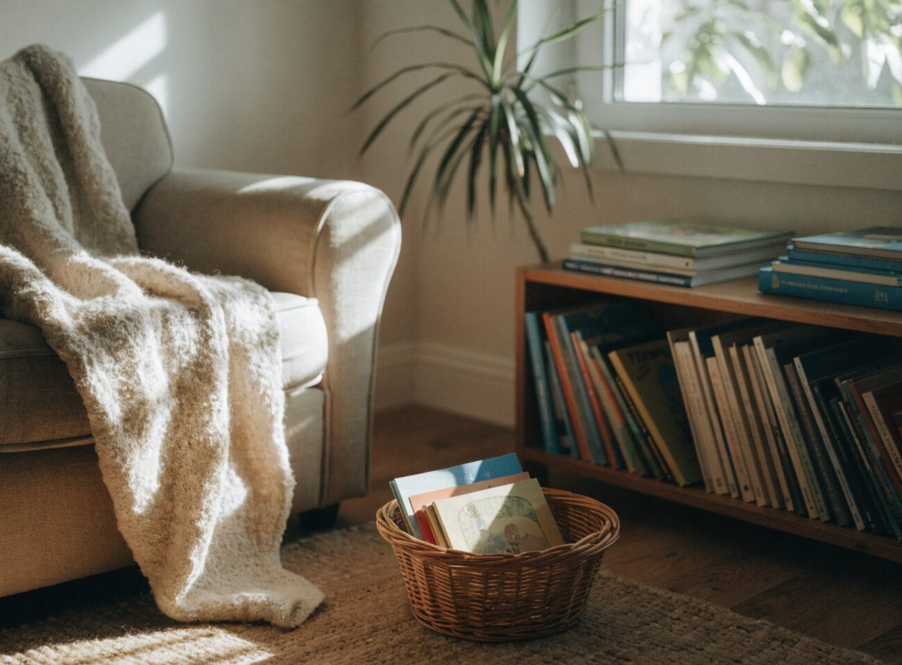 A cozy, sunlit reading nook with a soft armchair and a low shelf of colorful picture books